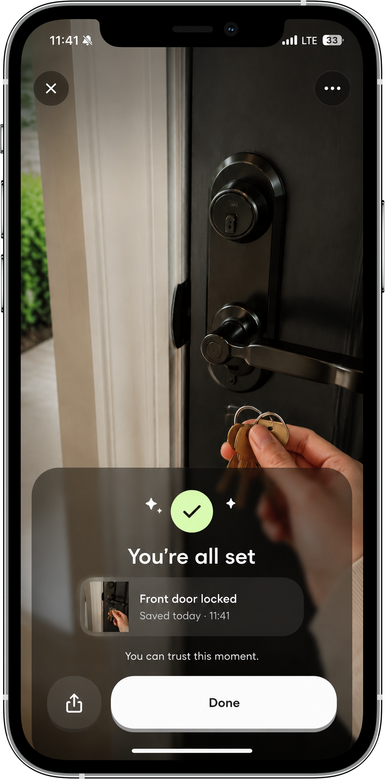 Paximus confirmation screen showing saved evidence that the front door is locked