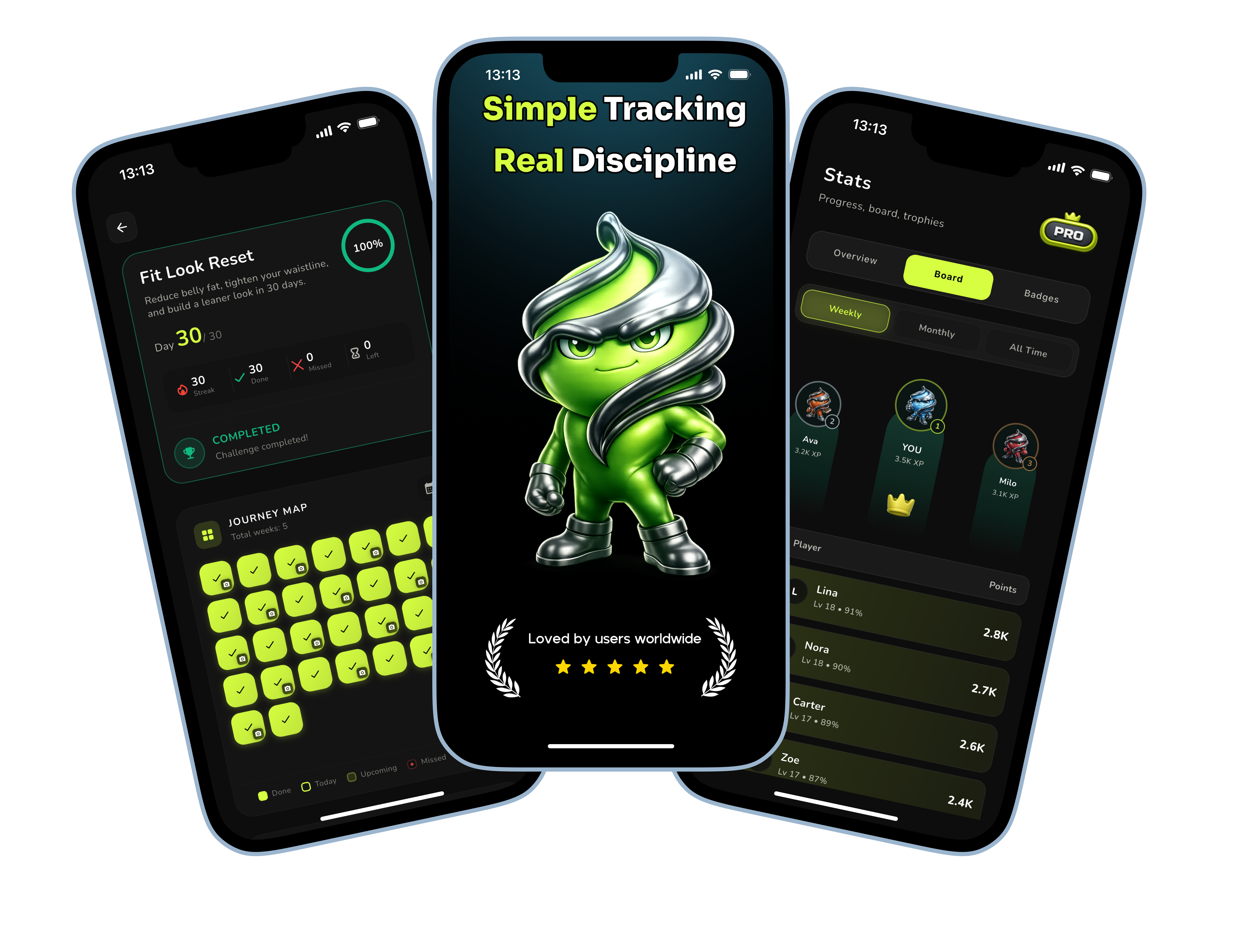 Vouxe app screens showing challenges, stats and streaks