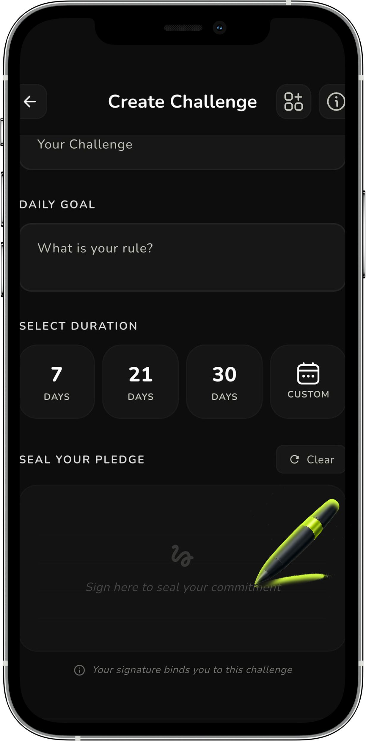 Vouxe Create Challenge screen with rules, duration, and signature pledge