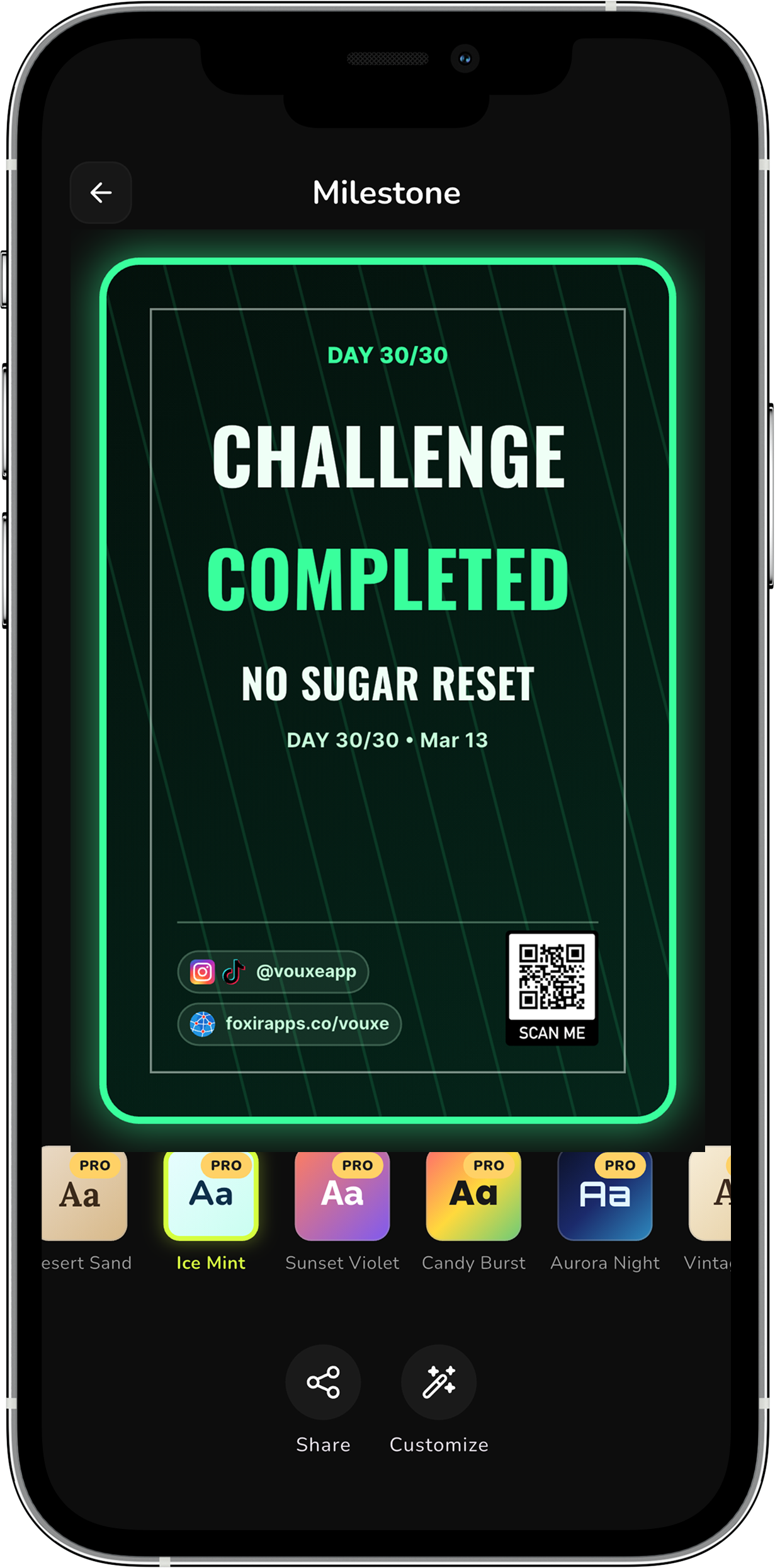 Vouxe milestone poster customization and sharing screen